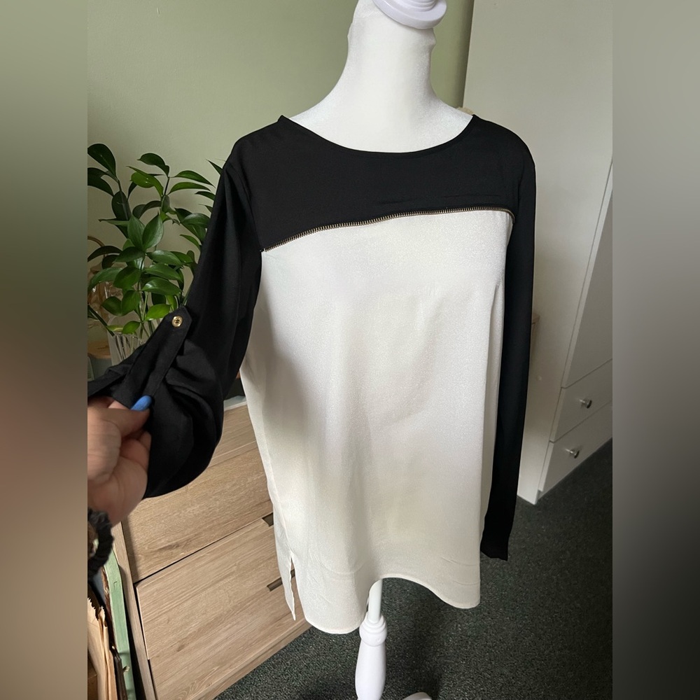 CALVIN KLEIN Black & White Colorblock Business Casual 3/4 Long Adjustable Sleeve - Picture 6 of 16